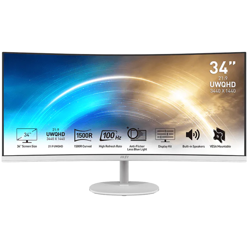 MSI PRO MP341CQW, VA, Curved 34", 3440 x 1440 (UWQHD), 100Hz, 4ms (GTG Min.) / 1ms MPRT, FreeSync, 21:9, Anti-glare, 2x HDMI, 1x