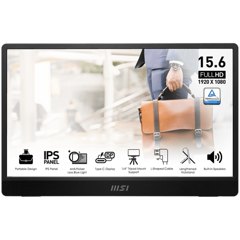 MSI PRO MP161 E2 Portable Monitor, 15.6", 60Hz FHD (1920 x 1080), 16:9, IPS, 250NITS, CR 800:1, 4ms (GTG), Anti-glare, 1x MiniDP