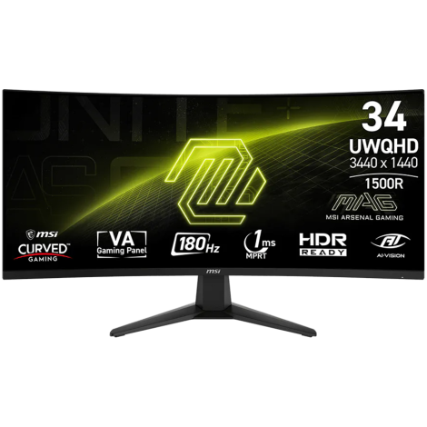 MSI MAG 346CQ, 34", UWQHD, VA, 1500R Curved, 180Hz, AMD FreeSync Premium, HDR Ready, 2x HDMI 2.0b, 1x DP 1.4a