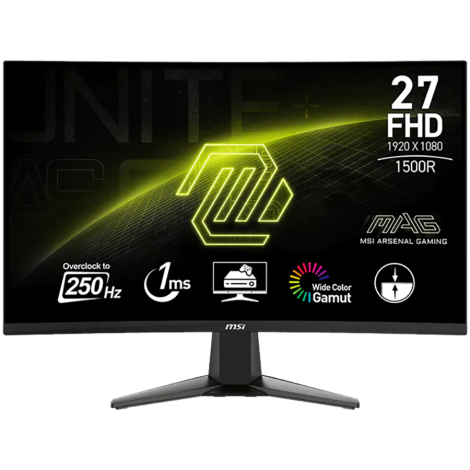 MSI MAG 27C6X Gaming Monitor, 27", 1920 x 1080 (FHD), VA, Curve 1500R, 250Hz, 250nits, 1ms, Adaptive-Sync, HDR Ready, 1x DP, 2x 