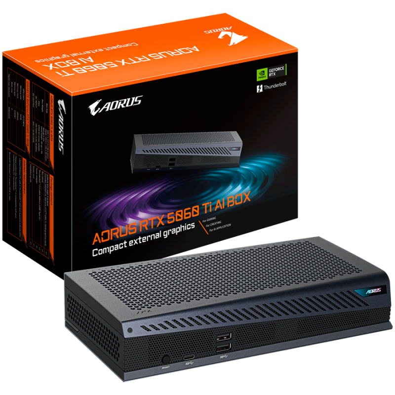 GIGABYTE Video Card NVidia AORUS RTX 5060 Ti AI BOX, GeForce RTX 5060 Ti 16GB, Thunderbolt 5 plug and play, 1x Thunderbolt 5, 3x