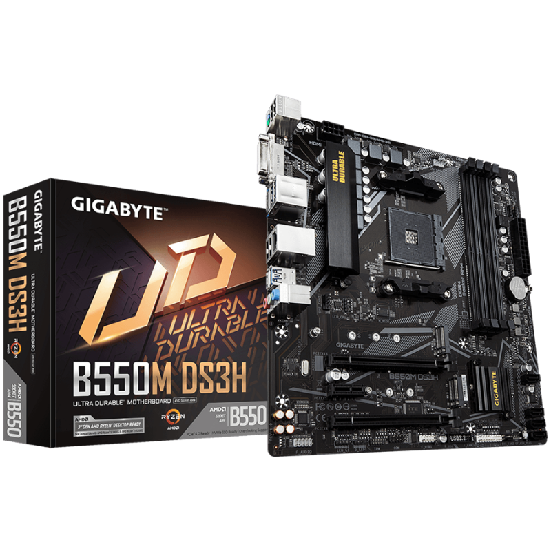 GIGABYTE MB B550 AM4 4 x DDR4 PCIe 3.0 2 x M.2 4 x SATA 1 x DVI-D port 1 x DisplayPort 1 x HDMI port Micro ATX
