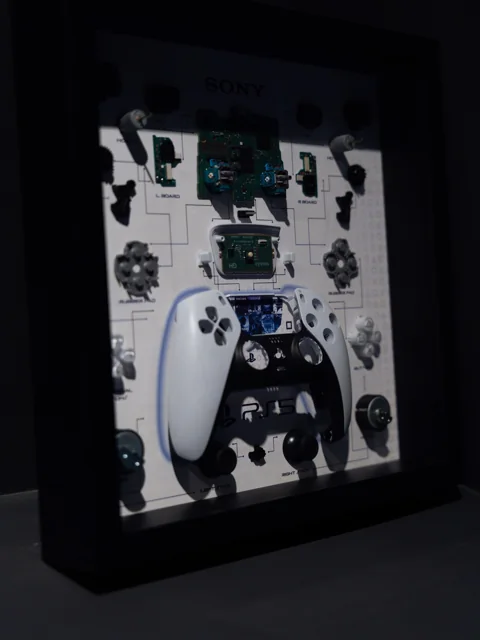 Uokvireni prikaz PlayStation kontrolera u igraonici